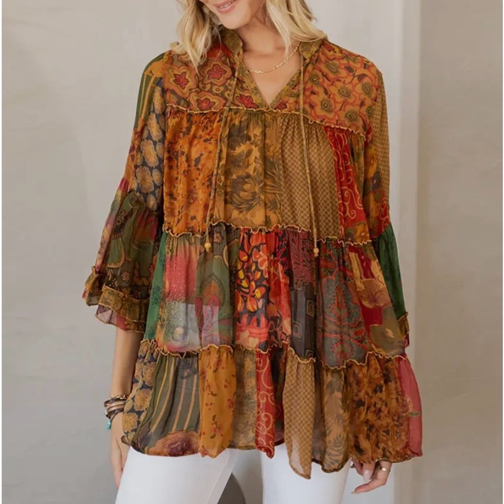 Plus Size Earthy Boho Chic Band Collar Jhabla Top in Camel Color